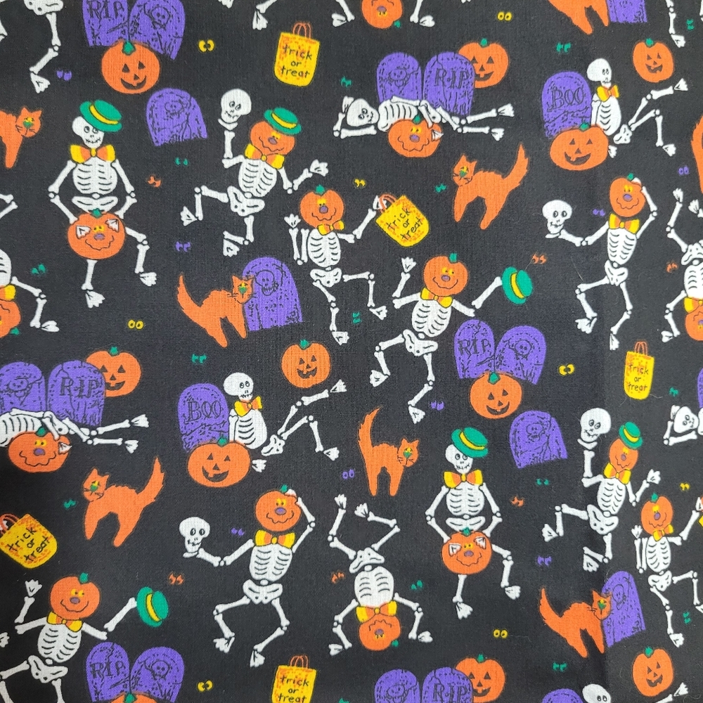 Halloween tablecloth vintage handmade fabric cover skeletons cats RIP tombstone